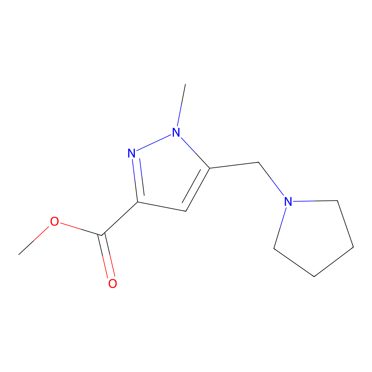 1-Methyl-5-pyrrolidin-1-ylmethyl-1H-pyrazole-3-carboxylic acid methyl ester molecular structure, CAS 2120663-04-7