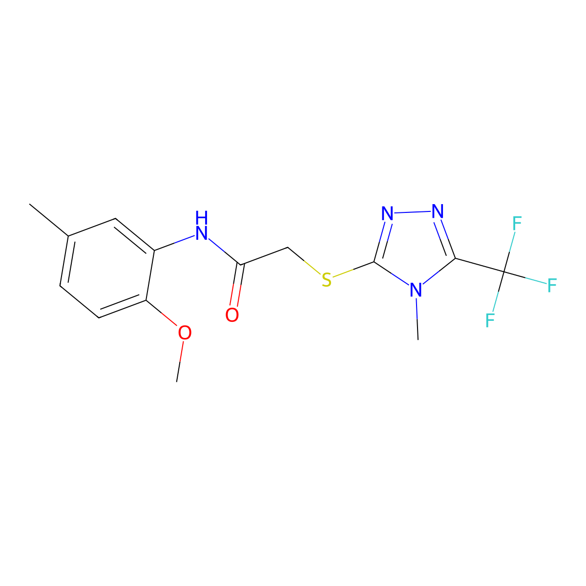 N-(2-methoxy-5-methylphenyl)-2-[[4-methyl-5-(trifluoromethyl)-1,2,4-triazol-3-yl]sulfanyl]acetamide molecular structure, CAS 212074-69-6