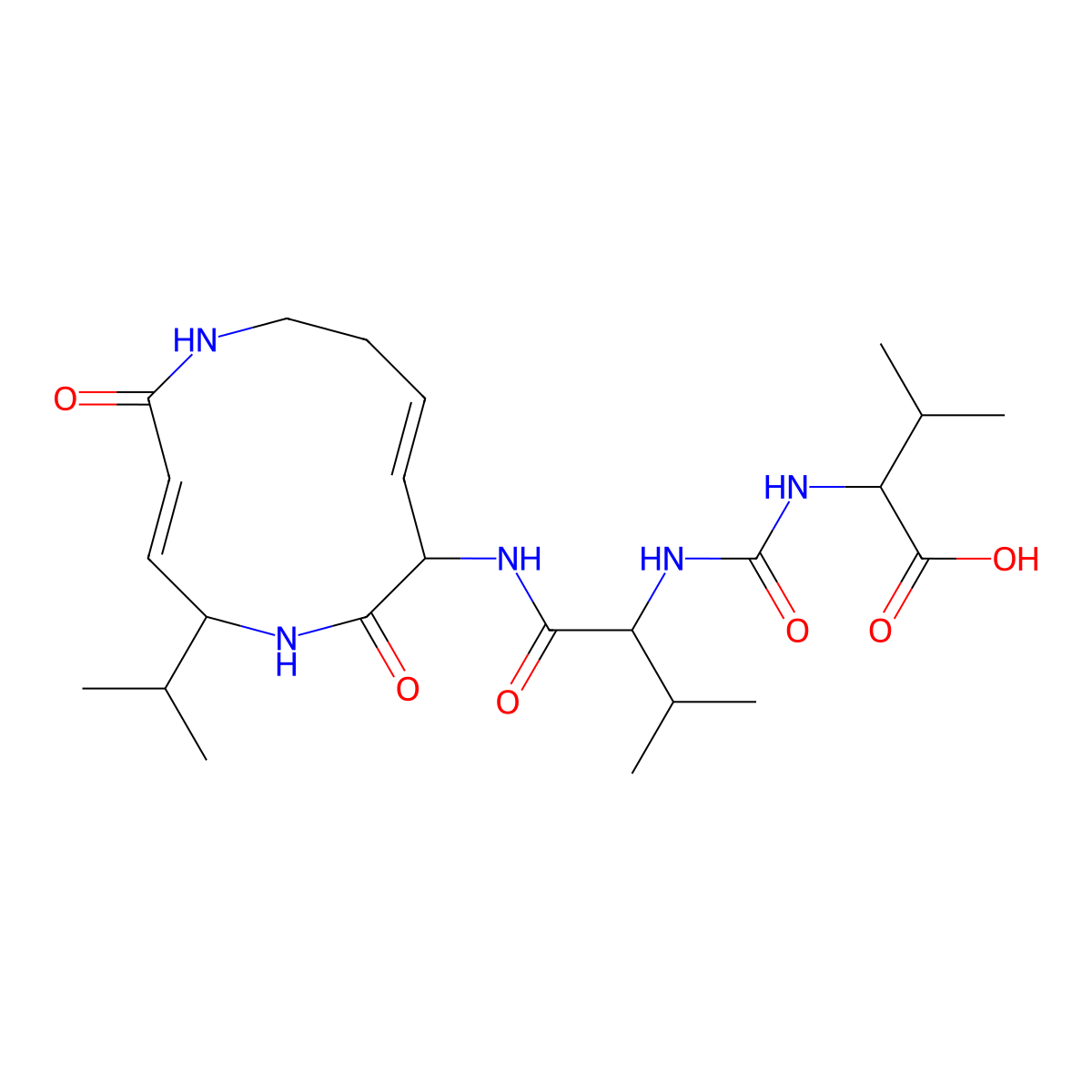 2-(3-(1-(((4E,10E)-2,9-Dioxo-12-isopropyl-1,8-diazacyclododecane-4,10-diene-3-yl)carbamoyl)-2-methylpropyl)ureido)-3-methylbutyric acid molecular structure, CAS 212115-96-3