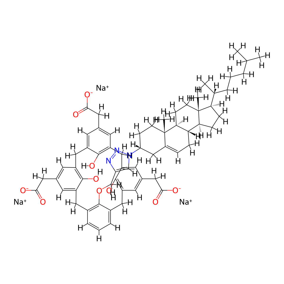 25-[[1-(3alpha)-cholest-5-en-3-yl-1H-1,2,3-triazol-4-yl]methoxy]-26,27,28-trihydroxy-pentacyclo[19.3.1.13,7.19,13.115,19]octacosa-1(25),3,5,7(28),9,11,13(27),15,17,19(26),21,23-dodecaene-5,11,17-triaceticacid,trisodiumsalt molecular structure, CAS 2121543-66-4