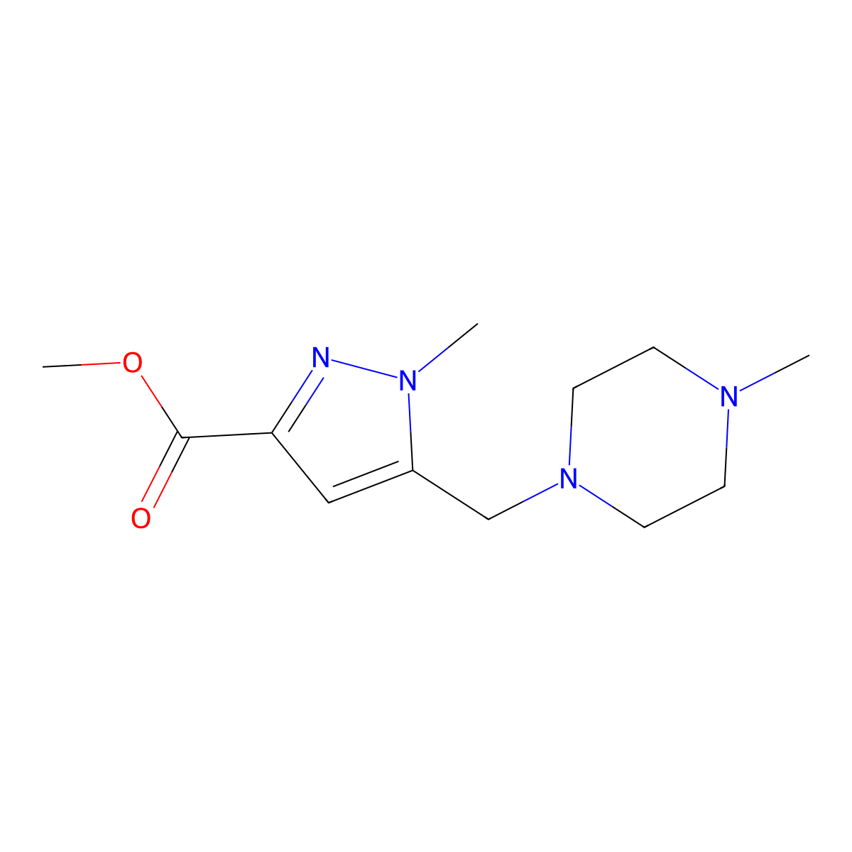 1-Methyl-5-(4-methyl-piperazin-1-ylmethyl)-1H-pyrazole-3-carboxylic acid methyl ester molecular structure, CAS 2121602-71-7