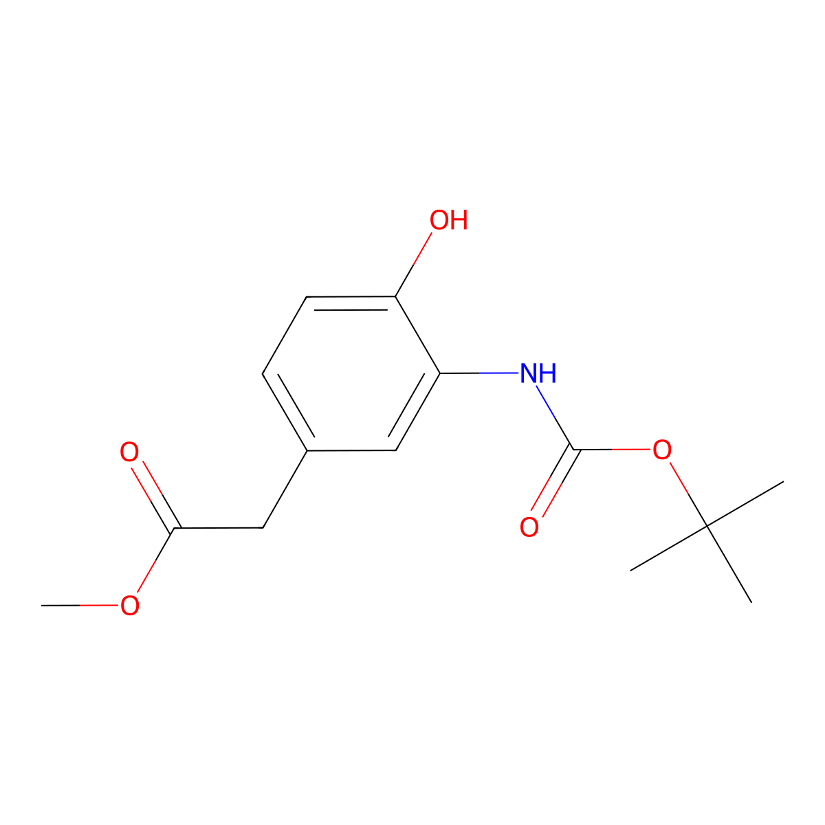 Methyl 2-(3-{[(tert-butoxy)carbonyl]amino}-4-hydroxyphenyl)acetate molecular structure, CAS 2121804-39-3