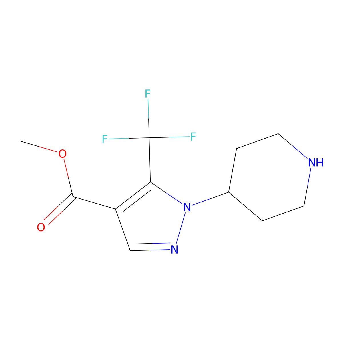 methyl 1-(piperidin-4-yl)-5-(trifluoromethyl)-1H-pyrazole-4-carboxylate molecular structure, CAS 2122456-16-8