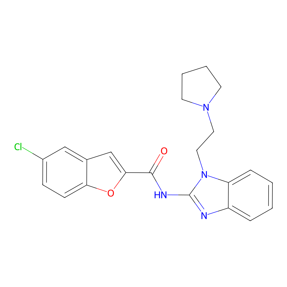 5-chloro-N-[1-(2-pyrrolidin-1-ylethyl)benzimidazol-2-yl]-1-benzofuran-2-carboxamide molecular structure, CAS 2123481-48-9