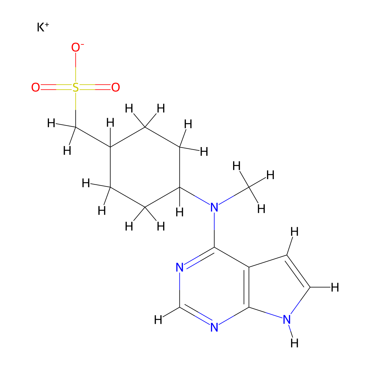 potassium (trans-4-(methyl-(7H-pyrrolo(2,3-d)pyrimidin-4-yl)-amino)-cyclohexyl)-methanesulfonate molecular structure, CAS 2124221-14-1