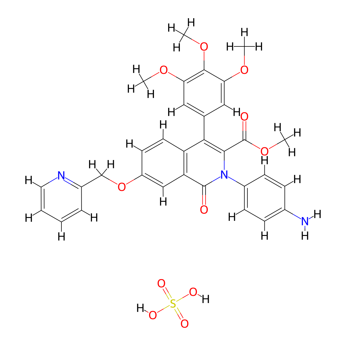 3-Isoquinolinecarboxylic acid, 2-(4-aminophenyl)-1,2-dihydro-1-oxo-7-(2-pyridinylmethoxy)-4-(3,4,5-trimethoxyphenyl)-, methyl ester, sulfate (1:1) molecular structure, CAS 212500-03-3