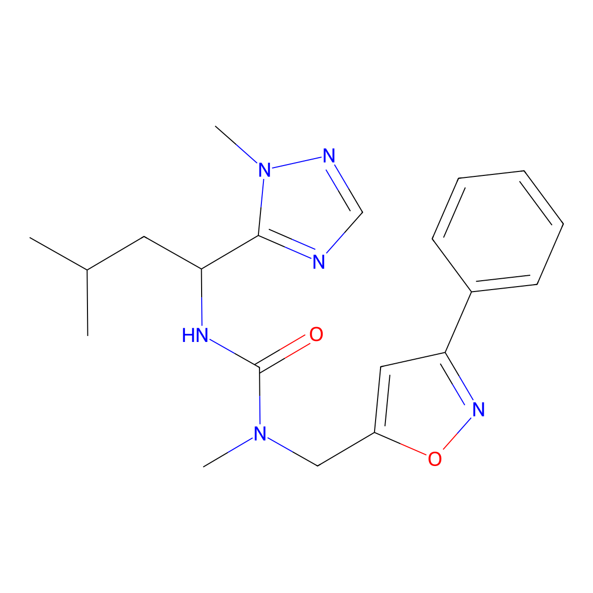 1-Methyl-3-[3-methyl-1-(2-methyl-1,2,4-triazol-3-yl)butyl]-1-[(3-phenyl-1,2-oxazol-5-yl)methyl]urea molecular structure, CAS 2125384-66-7