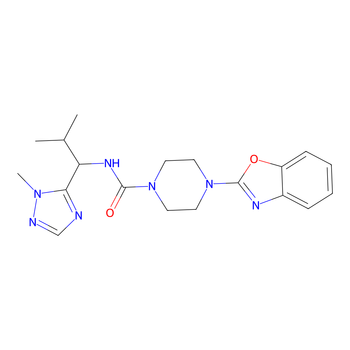 4-(Benzo[d]oxazol-2-yl)-N-(2-methyl-1-(1-methyl-1H-1,2,4-triazol-5-yl)propyl)piperazine-1-carboxamide molecular structure, CAS 2125385-00-2