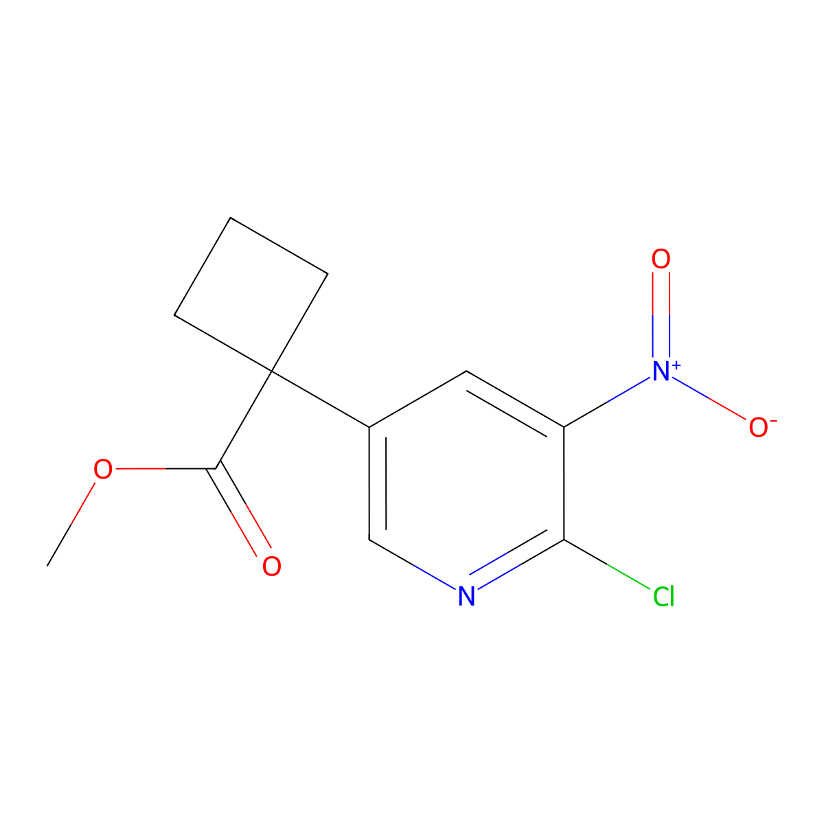 Methyl 1-(6-chloro-5-nitro-3-pyridyl)cyclobutanecarboxylate molecular structure, CAS 2125457-86-3