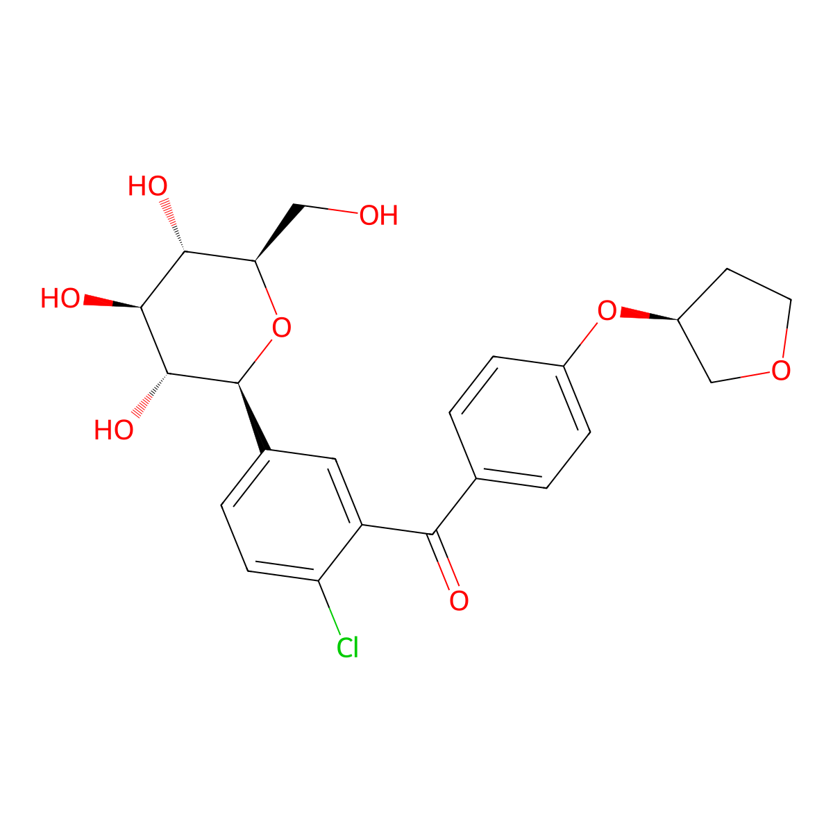 (2-Chloro-5-((2S,3R,4R,5S,6R)-3,4,5-trihydroxy-6-(hydroxymethyl)tetrahydro-2H-pyran-2-yl)phenyl)(4-(((S)-tetrahydrofuran-3-yl)oxy)phenyl)methanone molecular structure, CAS 2125472-55-9