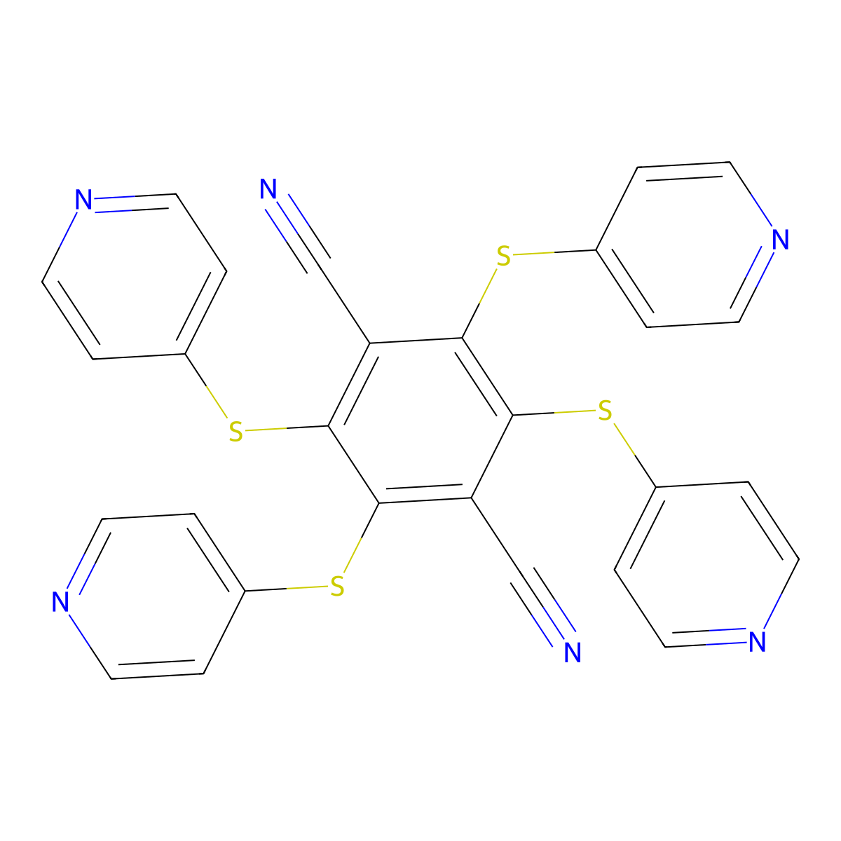 Tetrakis(pyridin-4-ylsulfanyl)benzene-1,4-dicarbonitrile molecular structure, CAS 2125669-91-0