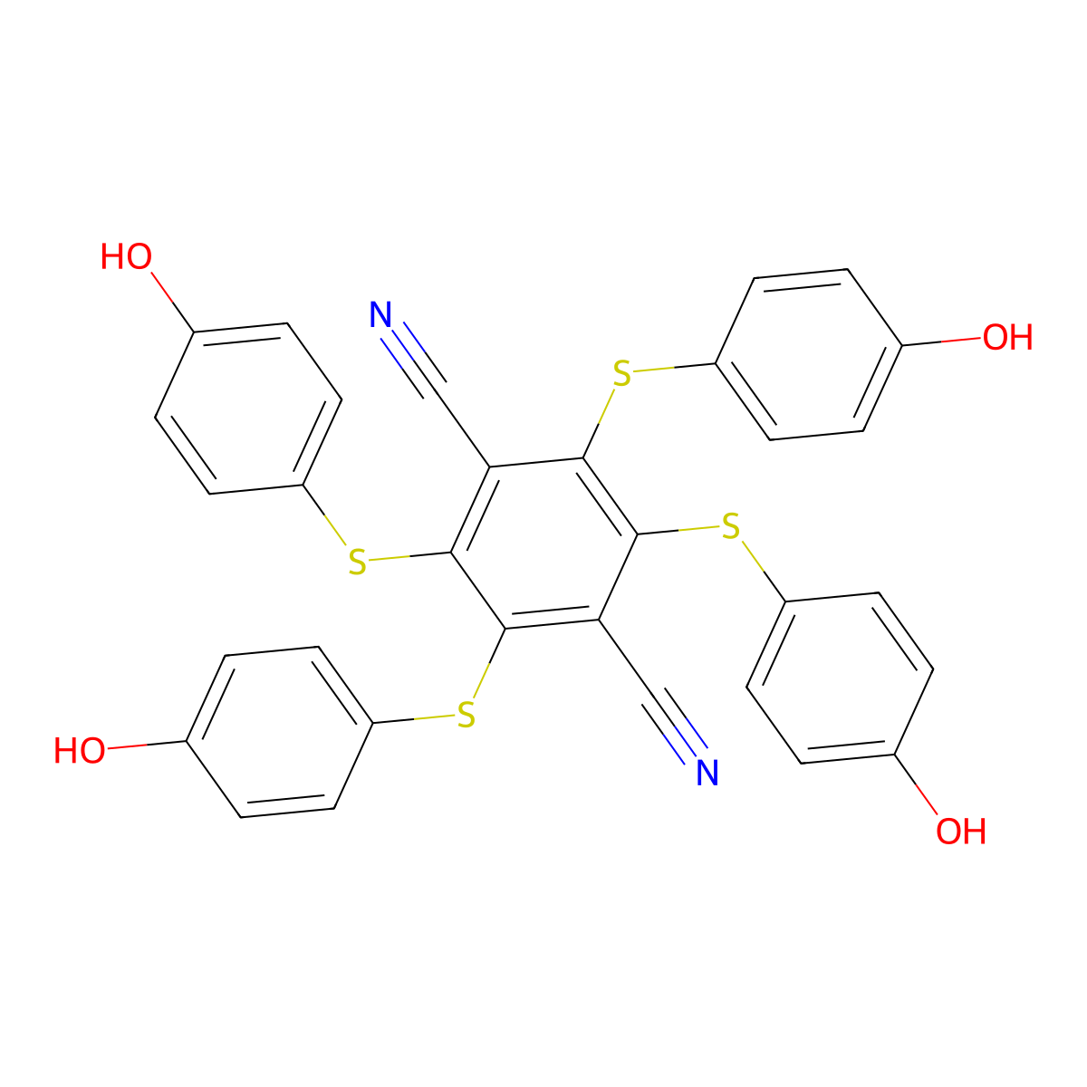 Tetrakis[(4-hydroxyphenyl)sulfanyl]benzene-1,4-dicarbonitrile molecular structure, CAS 2125669-92-1