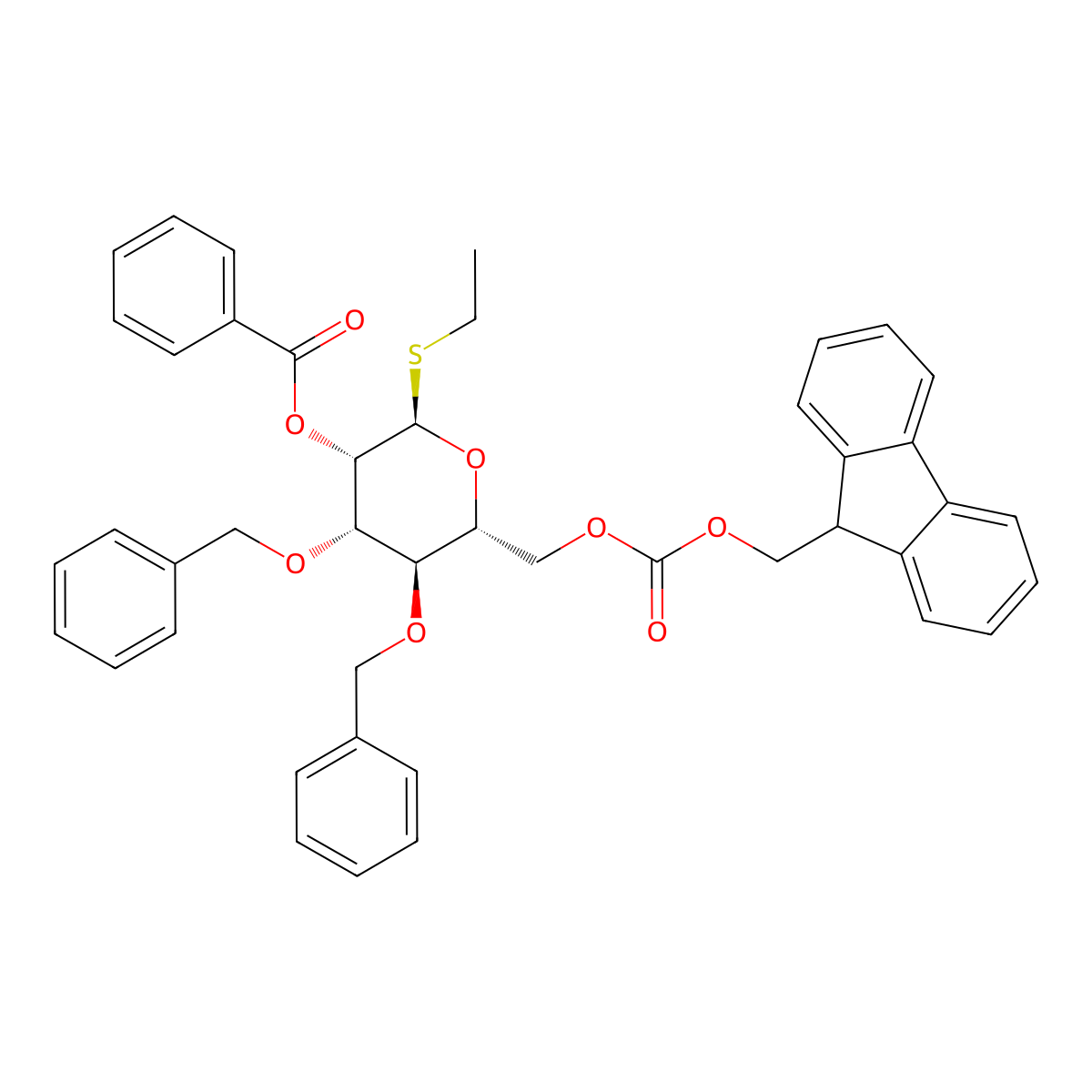 (2R,3S,4S,5R,6R)-6-(((((9H-Fluoren-9-YL)methoxy)carbonyl)oxy)methyl)-4,5-bis(benzyloxy)-2-(ethylthio)tetrahydro-2H-pyran-3-YL benzoate molecular structure, CAS 2125700-86-7