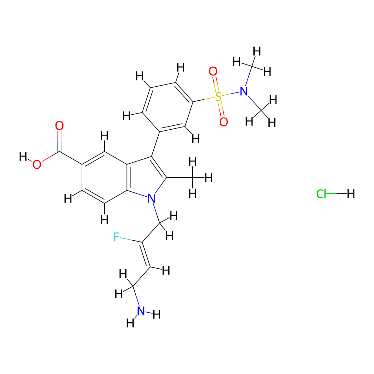 1-[(Z)-4-amino-2-fluorobut-2-enyl]-3-[3-(dimethylsulfamoyl)phenyl]-2-methylindole-5-carboxylic acid;hydrochloride molecular structure, CAS 2125955-70-4