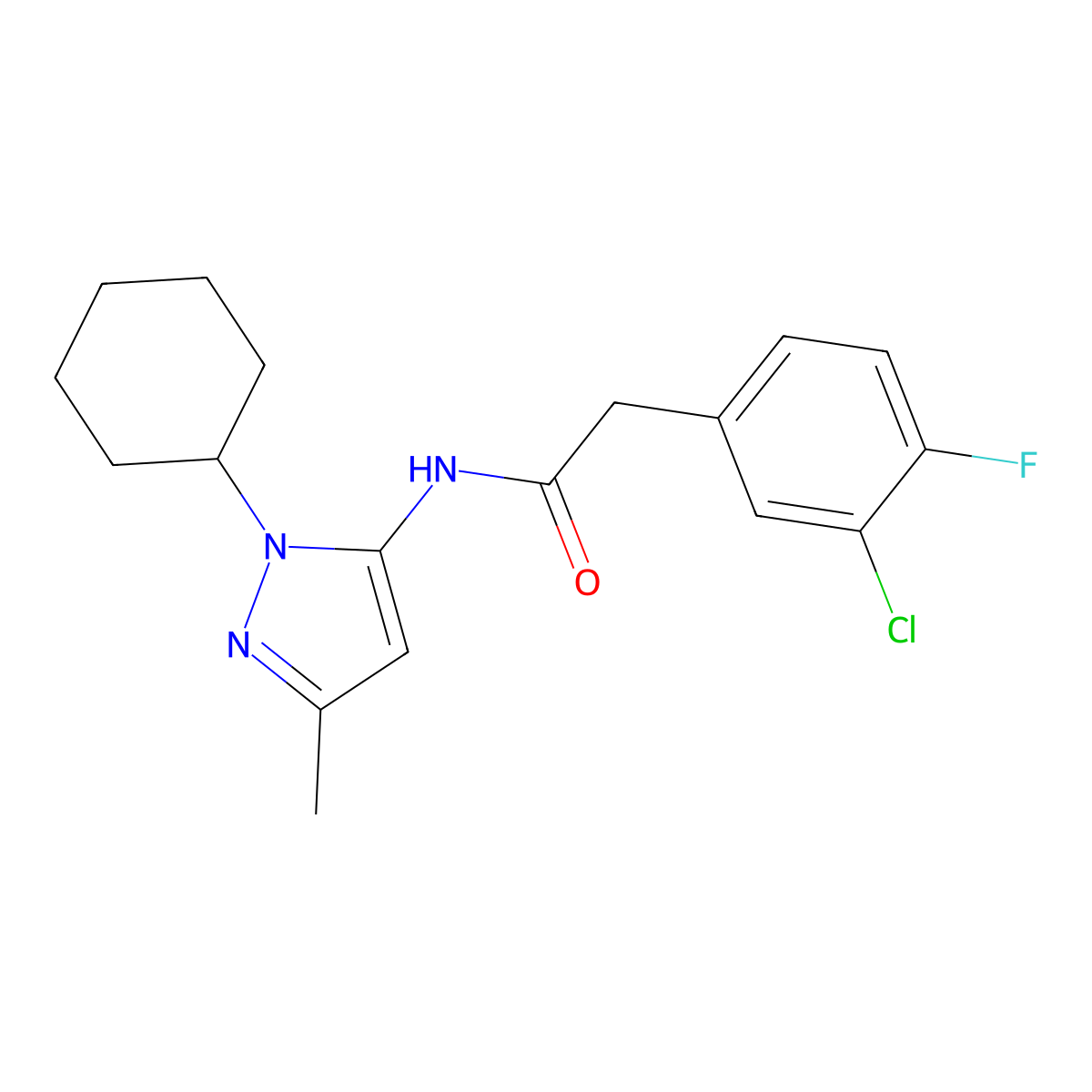 2-(3-chloro-4-fluorophenyl)-N-(1-cyclohexyl-3-methyl-1H-pyrazol-5-yl)acetamide molecular structure, CAS 2126040-21-7