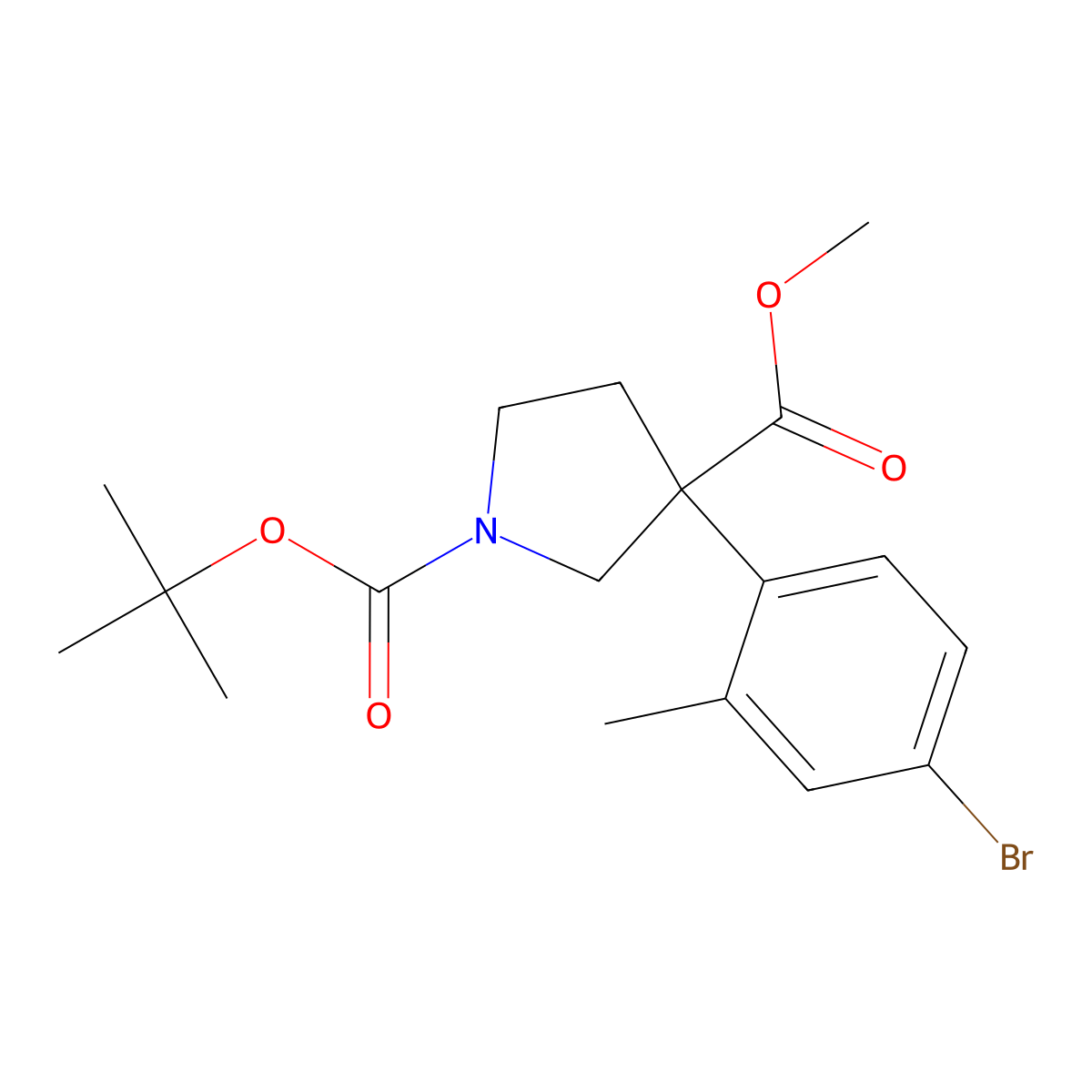 1-Tert-butyl 3-methyl 3-(4-bromo-2-methylphenyl)pyrrolidine-1,3-dicarboxylate molecular structure, CAS 2126159-94-0