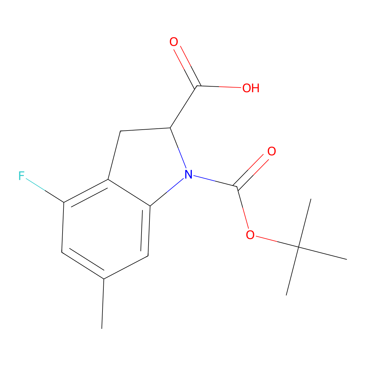1-[(tert-butoxy)carbonyl]-4-fluoro-6-methyl-2,3-dihydro-1H-indole-2-carboxylic acid molecular structure, CAS 2126160-13-0