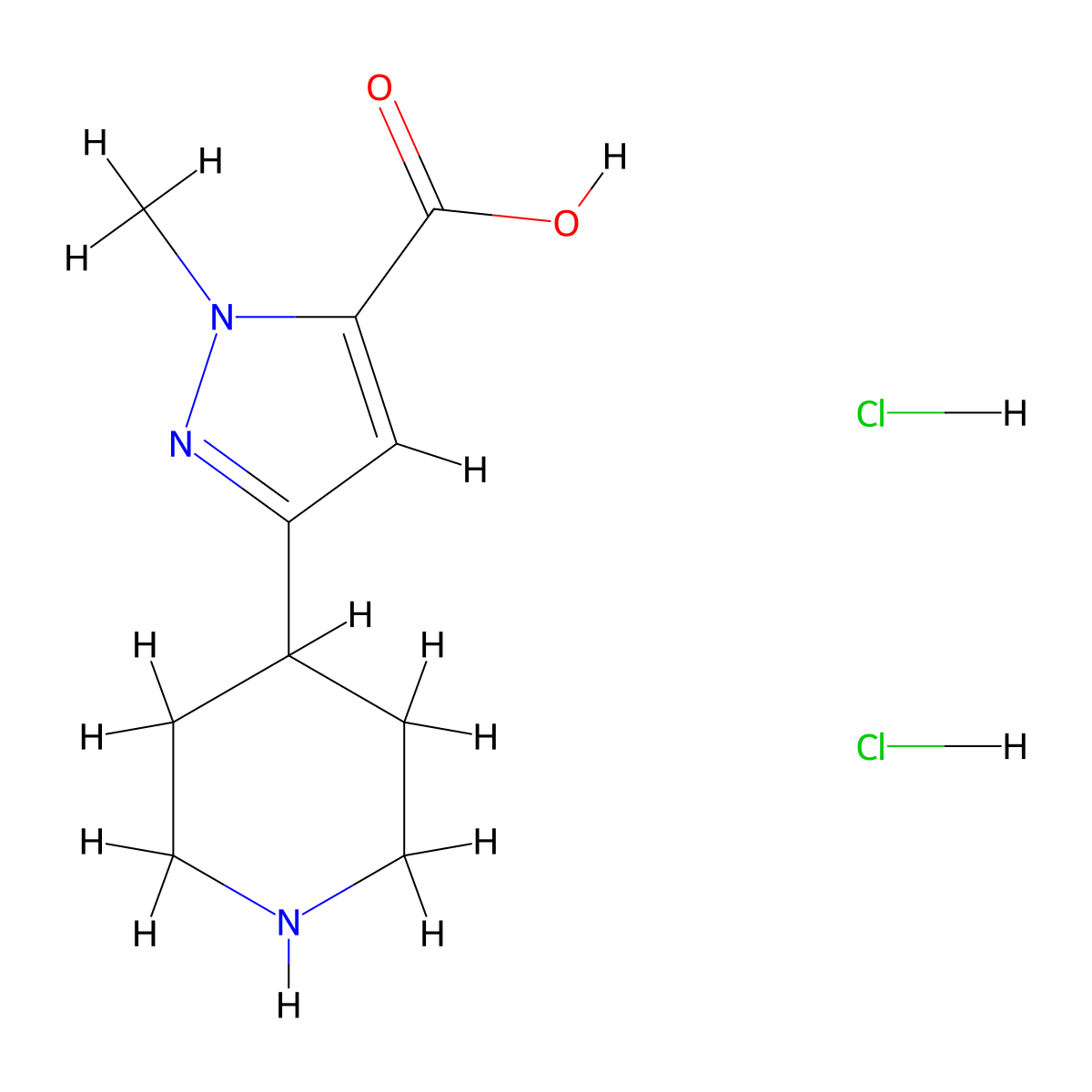 1-methyl-3-(piperidin-4-yl)-1H-pyrazole-5-carboxylic acid dihydrochloride molecular structure, CAS 2126162-16-9