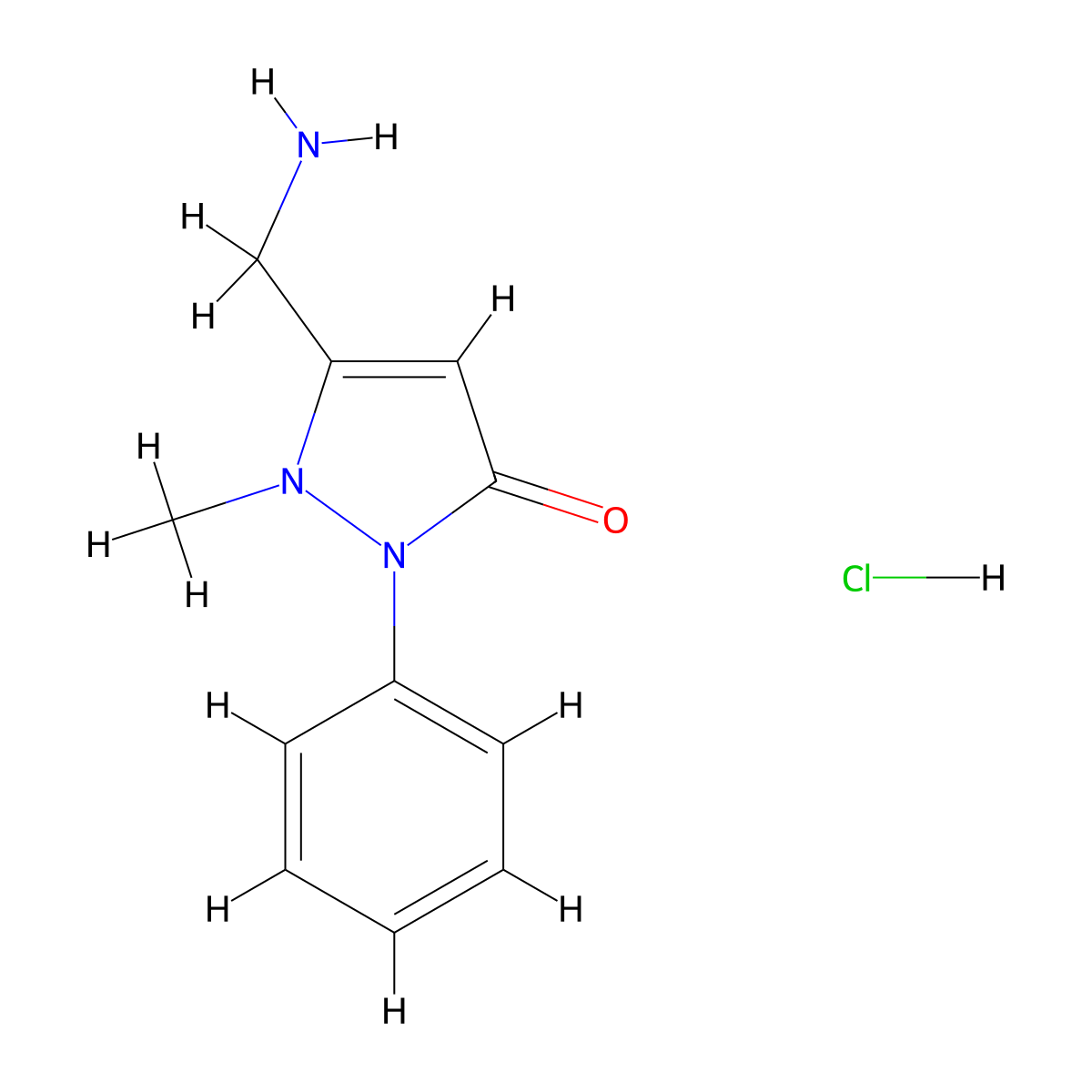 5-(aminomethyl)-1-methyl-2-phenyl-2,3-dihydro-1H-pyrazol-3-one hydrochloride molecular structure, CAS 2126178-09-2