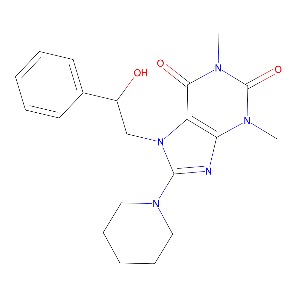 7-(2-hydroxy-2-phenylethyl)-1,3-dimethyl-8-(piperidin-1-yl)-1H-purine-2,6(3H,7H)-dione molecular structure, CAS 21266-60-4