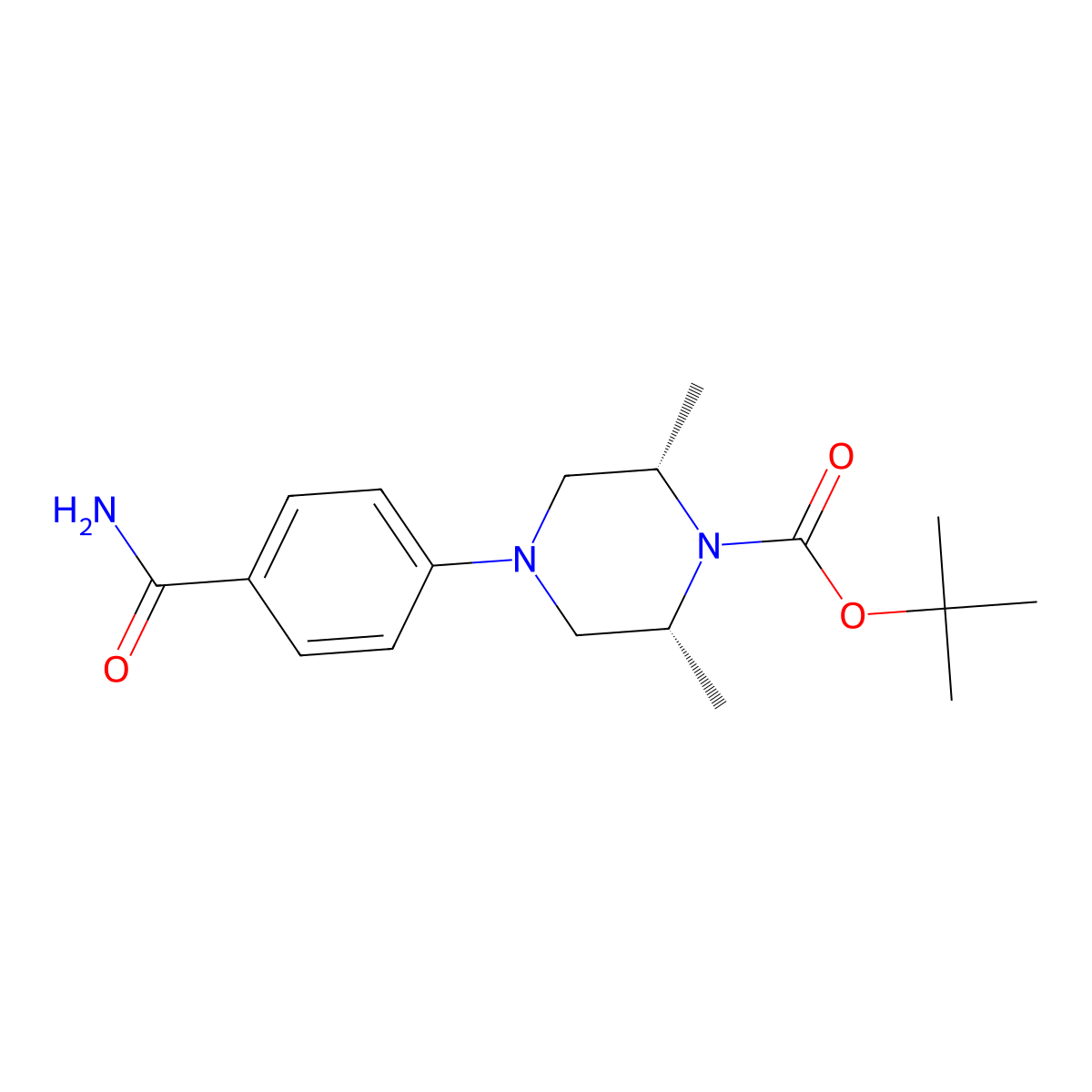 rel-1,1-Dimethylethyl (2R,6S)-4-[4-(aminocarbonyl)phenyl]-2,6-dimethyl-1-piperazinecarboxylate molecular structure, CAS 2126751-46-8