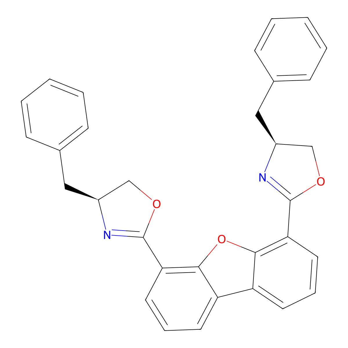 4,6-Bis((S)-4-benzyl-4,5-dihydrooxazol-2-yl)dibenzo[b,d]furan molecular structure, CAS 2126892-51-9