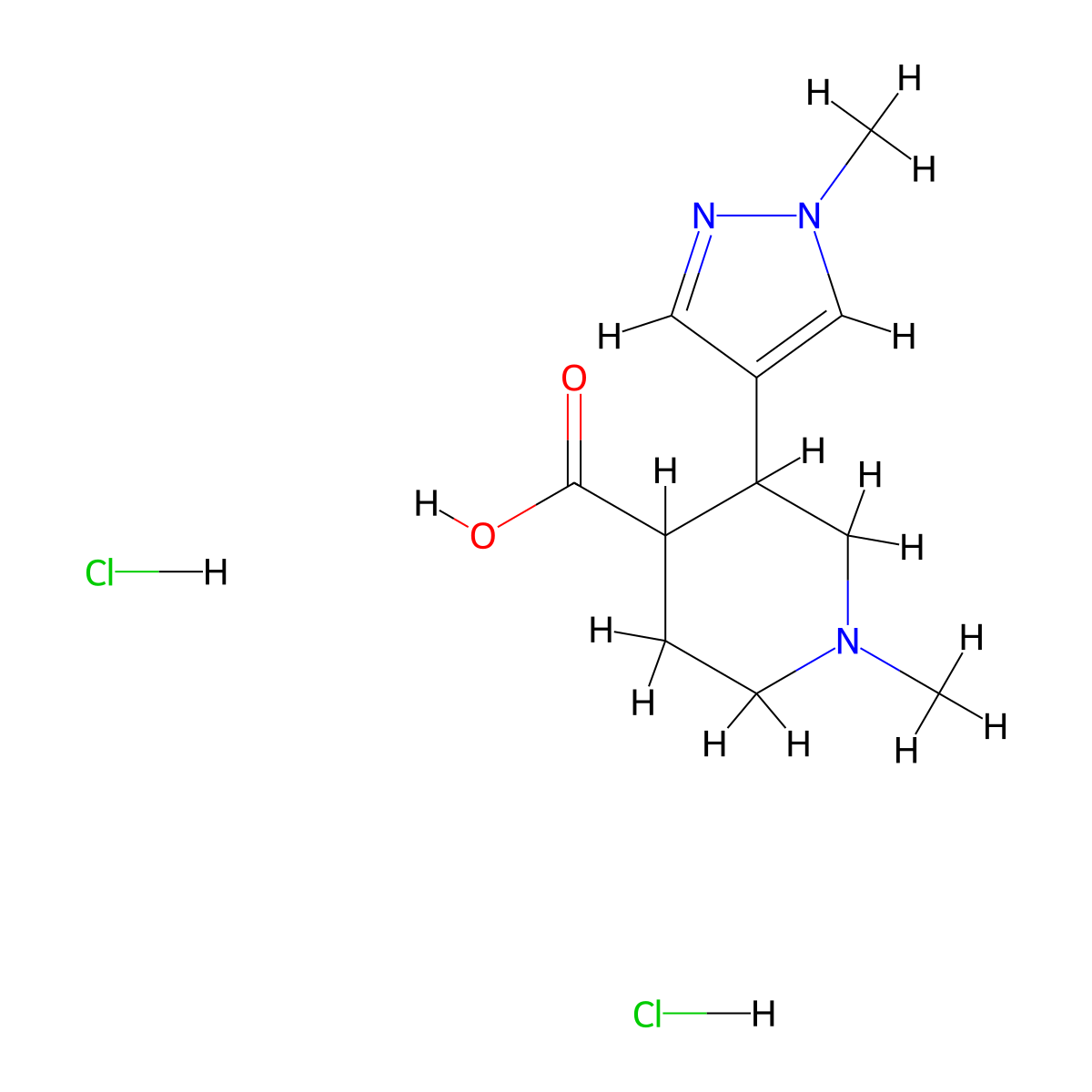 1-methyl-3-(1-methyl-1H-pyrazol-4-yl)piperidine-4-carboxylic acid dihydrochloride molecular structure, CAS 2127056-20-4