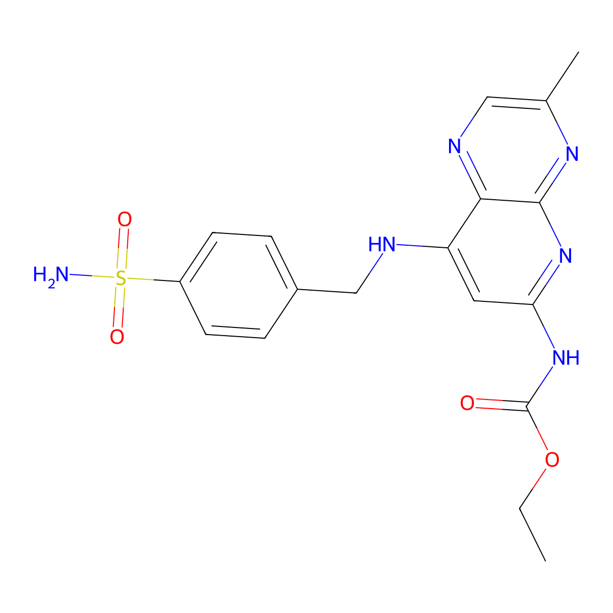 ethyl N-[3-methyl-8-[(4-sulfamoylphenyl)methylamino]pyrido[2,3-b]pyrazin-6-yl]carbamate molecular structure, CAS 21271-88-5