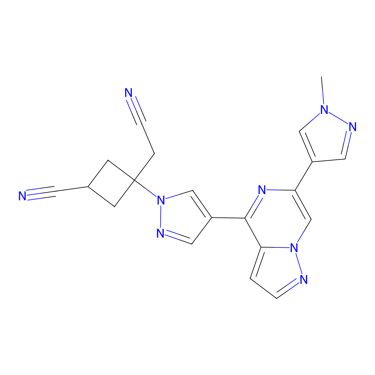 3-(Cyanomethyl)-3-(4-(6-(1-methylpyrazol-4-yl)pyrazolo(1,5-a)pyrazin-4-yl)pyrazol-1-yl)cyclobutane-1-carbonitrile molecular structure, CAS 2127109-84-4