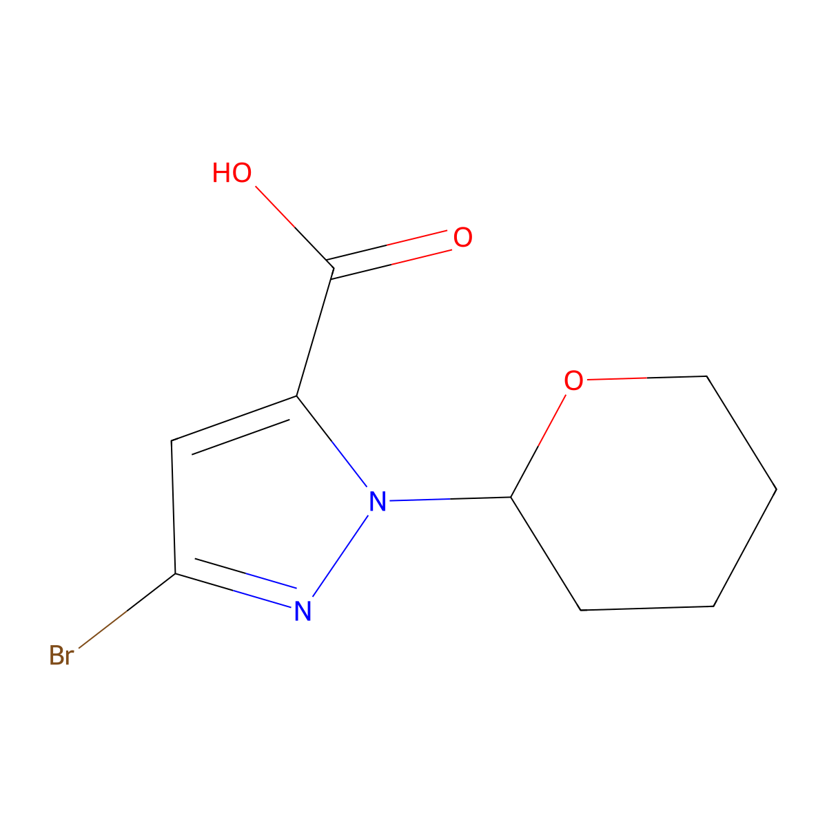 3-bromo-1-(oxan-2-yl)-1H-pyrazole-5-carboxylic acid molecular structure, CAS 2127110-36-3