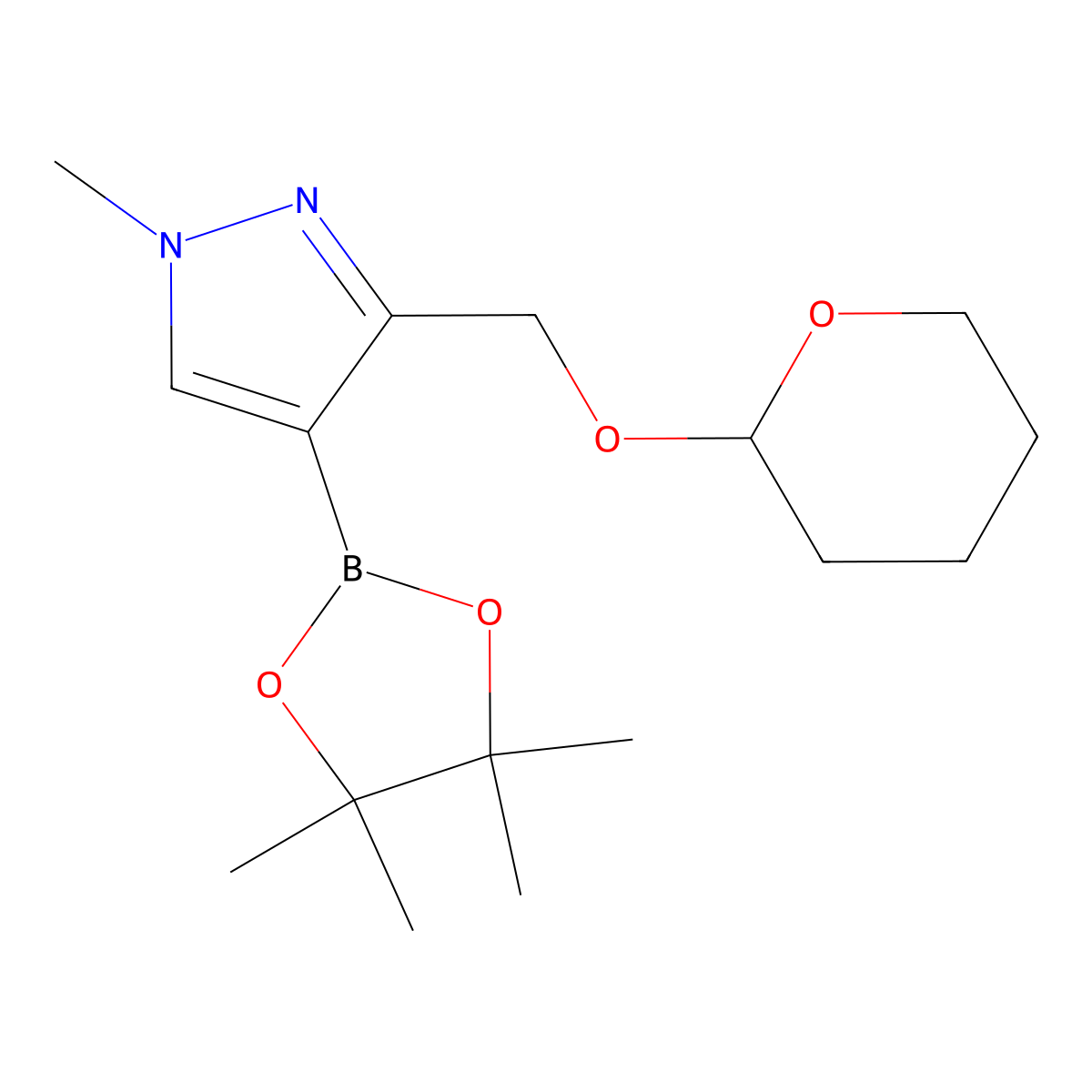 1-methyl-3-(((tetrahydro-2H-pyran-2-yl)oxy)methyl)-4-(4,4,5,5-tetramethyl-1,3,2-dioxaborolan-2-yl)-1H-pyrazole molecular structure, CAS 2127110-53-4