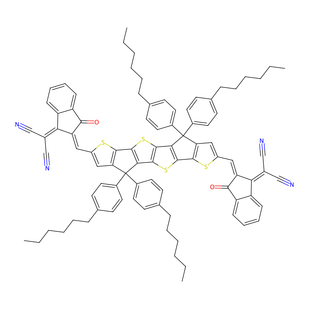 2,2'-[[4,4,9,9-Tetrakis(4-hexylphenyl)-4,9-dihydrothieno[3',2':4,5]cyclopenta[1,2-b]thieno[2'',3'':3',4']cyclopenta[1',2':4,5]thieno[2,3-d]thiophene-2,7-diyl]bis[methylidyne(3-oxo-1H-indene-2,1(3H)-diylidene)]]bis[propanedinitrile] molecular structure, CAS 2127354-15-6