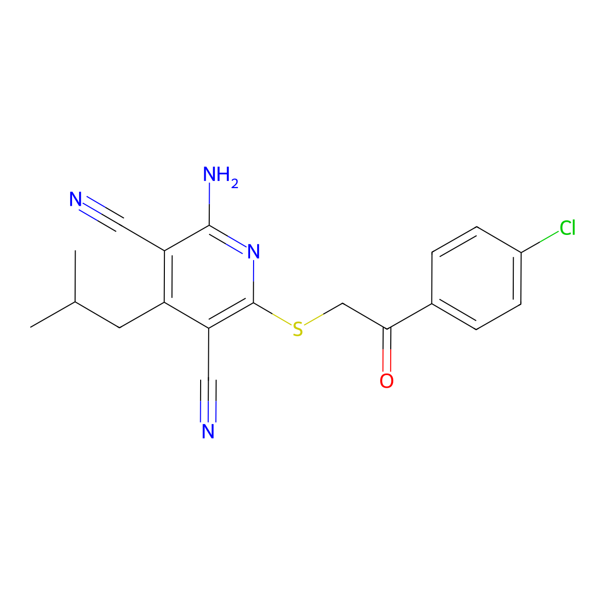 2-Amino-6-{[2-(4-chlorophenyl)-2-oxoethyl]sulfanyl}-4-(2-methylpropyl)pyridine-3,5-dicarbonitrile molecular structure, CAS 212843-45-3