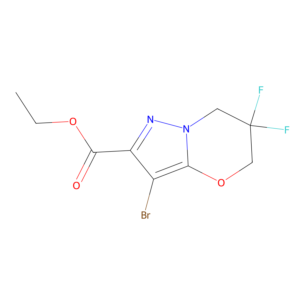 Ethyl 3-bromo-6,6-difluoro-5,7-dihydropyrazolo[5,1-b][1,3]oxazine-2-carboxylate molecular structure, CAS 2128657-45-2