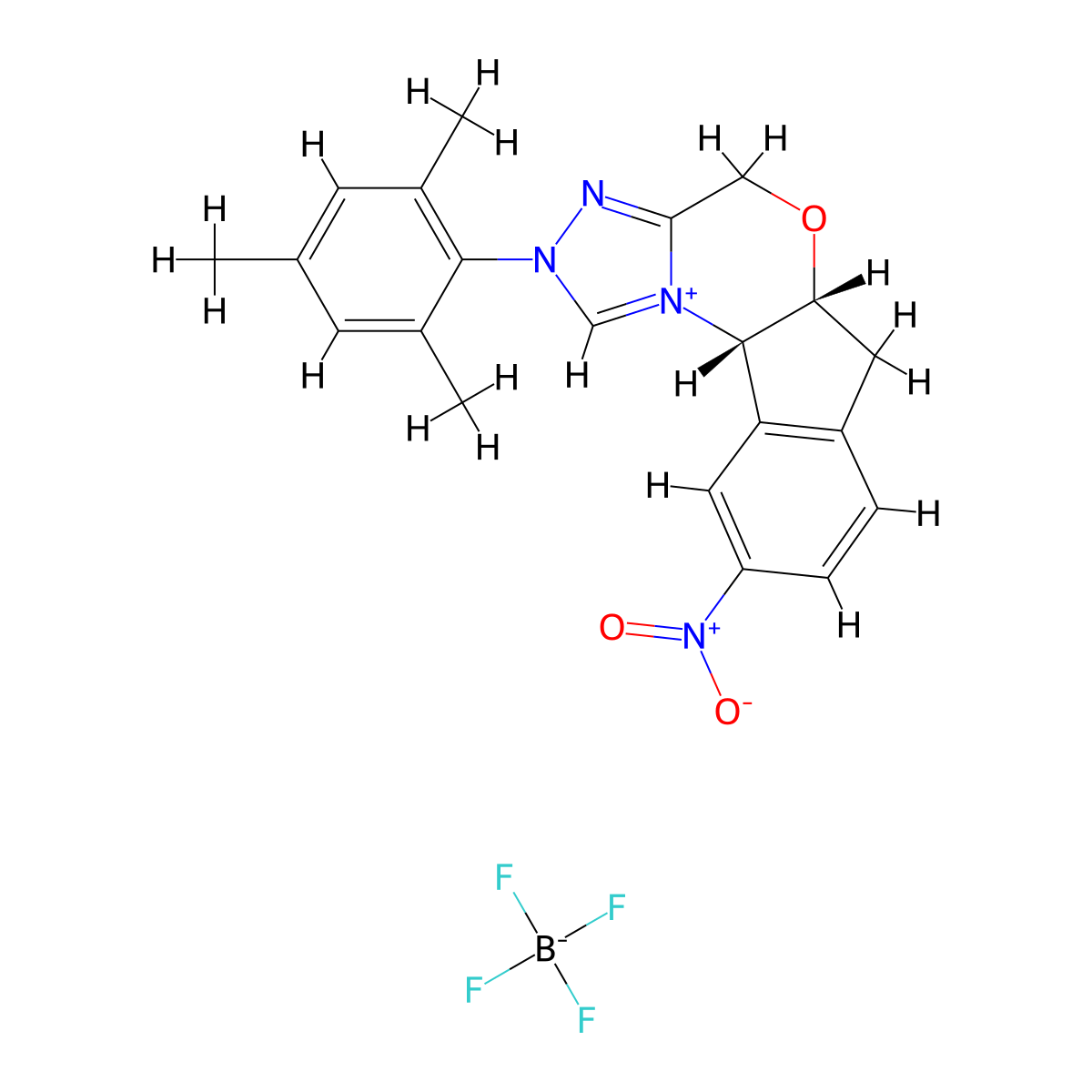 (5AR,10bS)-2-mesityl-9-nitro-5a,10b-dihydro-4H,6H-indeno[2,1-b][1,2,4]triazolo[4,3-d][1,4]oxazin-2-ium tetrafluoroborate molecular structure, CAS 2128740-77-0