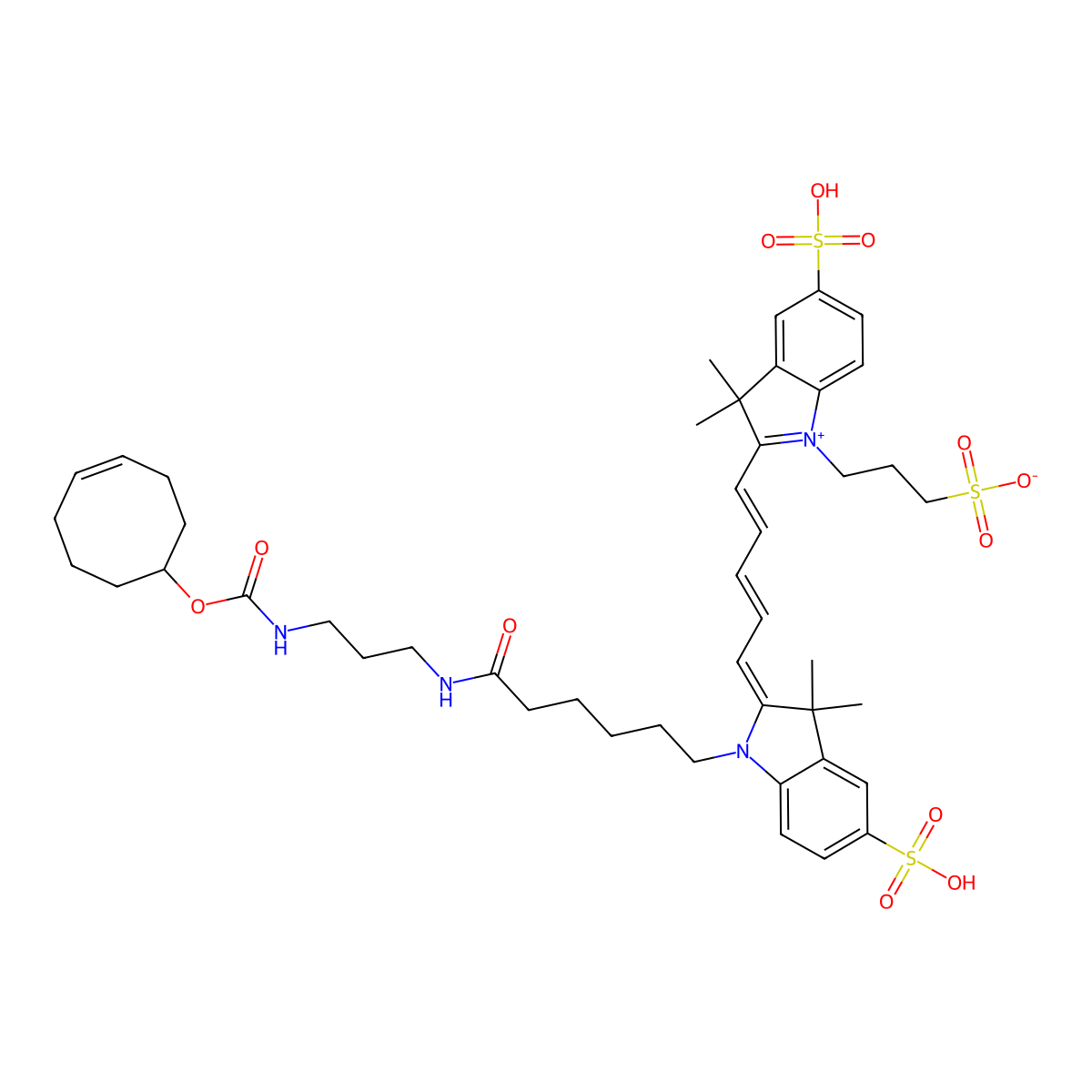 3-[2-[5-[1-[6-[3-(Cyclooct-4-en-1-yloxycarbonylamino)propylamino]-6-oxohexyl]-3,3-dimethyl-5-sulfoindol-2-ylidene]penta-1,3-dienyl]-3,3-dimethyl-5-sulfoindol-1-ium-1-yl]propane-1-sulfonate molecular structure, CAS 2129525-69-3