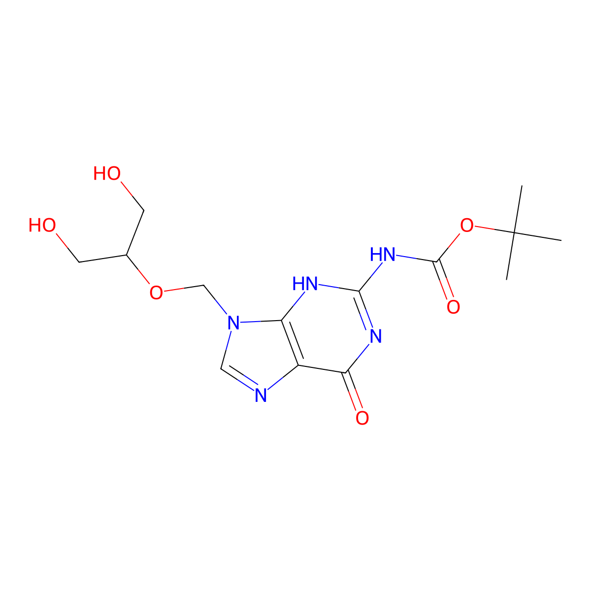 tert-butyl N-(9-{[(1,3-dihydroxypropan-2-yl)oxy]methyl}-6-oxo-6,9-dihydro-3H-purin-2-yl)carbamate molecular structure, CAS 2129603-79-6
