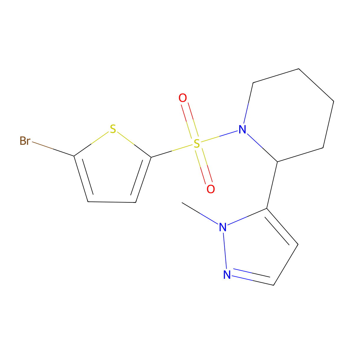 1-[(5-bromothiophen-2-yl)sulfonyl]-2-(1-methyl-1H-pyrazol-5-yl)piperidine molecular structure, CAS 2130419-78-0