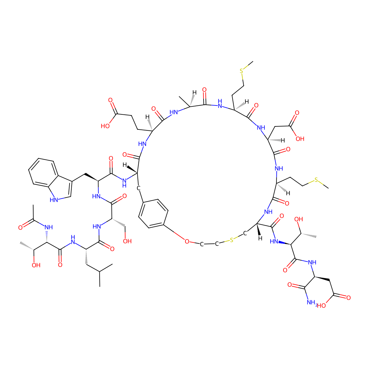 (3S)-3-[[(2S,3R)-2-[[(7R,10S,13S,16S,19S,22S,25S)-25-[[(2S)-2-[[(2S)-2-[[(2S)-2-[[(2S,3R)-2-acetamido-3-hydroxybutanoyl]amino]-4-methylpentanoyl]amino]-3-hydroxypropanoyl]amino]-3-(1H-indol-3-yl)propanoyl]amino]-22-(2-carboxyethyl)-13-(carboxymethyl)-19-methyl-10,16-bis(2-methylsulfanylethyl)-9,12,15,18,21,24-hexaoxo-2-oxa-5-thia-8,11,14,17,20,23-hexazabicyclo[25.2.2]hentriaconta-1(29),27,30-triene-7-carbonyl]amino]-3-hydroxybutanoyl]amino]-4-amino-4-oxobutanoic acid molecular structure, CAS 2130846-15-8