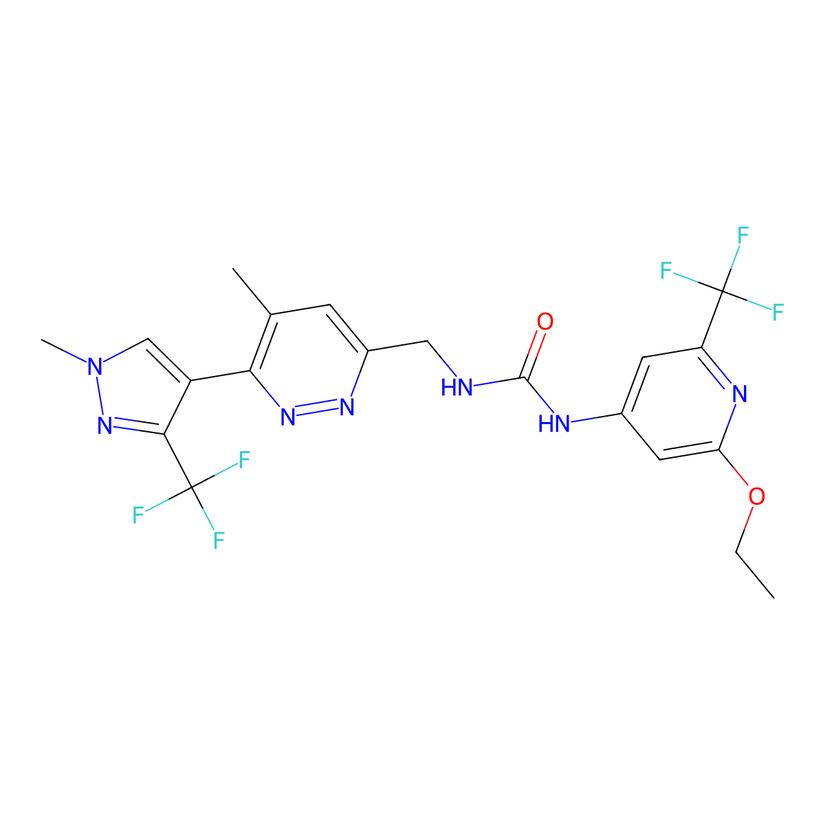1-(2-Ethoxy-6-(trifluoromethyl)pyridin-4-yl)-3-((5-methyl-6-(1-methyl-3-(trifluoromethyl)-1H-pyrazol-4-yl)pyridazin-3-yl)methyl)urea molecular structure, CAS 2130996-00-6
