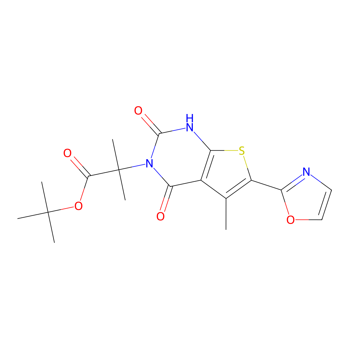 Tert-butyl 2-methyl-2-[5-methyl-6-(1,3-oxazol-2-yl)-2,4-dioxo-1H-thieno[2,3-d]pyrimidin-3-yl]propanoate molecular structure, CAS 2131091-31-9