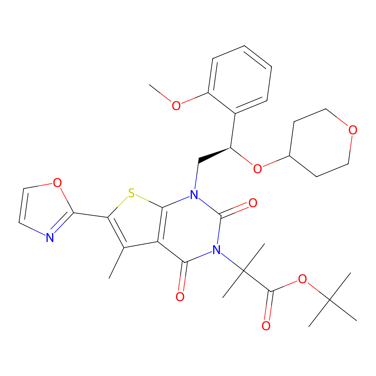 (R)-tert-butyl 2-(1-(2-(2-methoxyphenyl)-2-((tetrahydro-2H-pyran-4-yl)oxy)ethyl)-5-methyl-6-(oxazol-2-yl)-2,4-dioxo-1,2-dihydrothieno[2,3-d]pyrimidin-3(4H)-yl)-2-methylpropanoate molecular structure, CAS 2131091-32-0