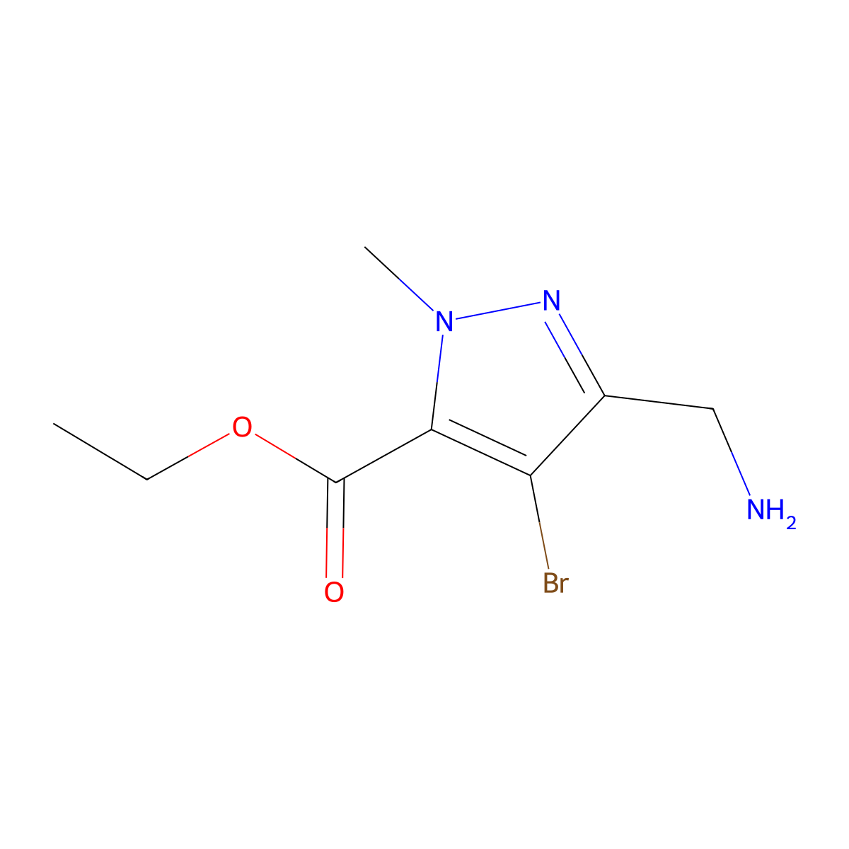 ethyl 3-(aminomethyl)-4-bromo-1-methyl-1H-pyrazole-5-carboxylate molecular structure, CAS 2131126-14-0