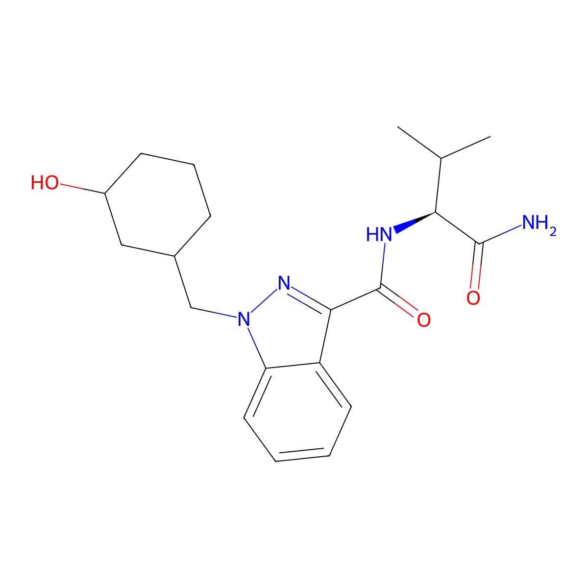 N-((S)-1-Amino-3-methyl-1-oxobutan-2-yl)-1-((3-hydroxycyclohexyl)methyl)-1H-indazole-3-carboxamide molecular structure, CAS 2131173-54-9