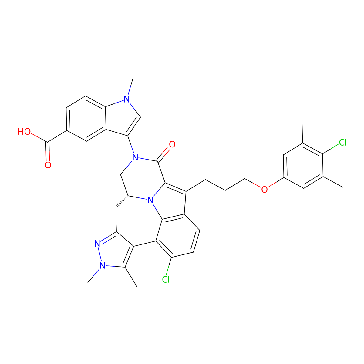 3-((4R)-7-chloro-10-(3-(4-chloro-3,5-dimethylphenoxy)propyl)-4-methyl-1-oxo-6-(1,3,5-trimethyl-1H-pyrazol-4-yl)-3,4-dihydropyrazino(1,2-a)indol-2(1H)-yl)-1-methyl-1H-indole-5-carboxylic acid molecular structure, CAS 2131184-57-9