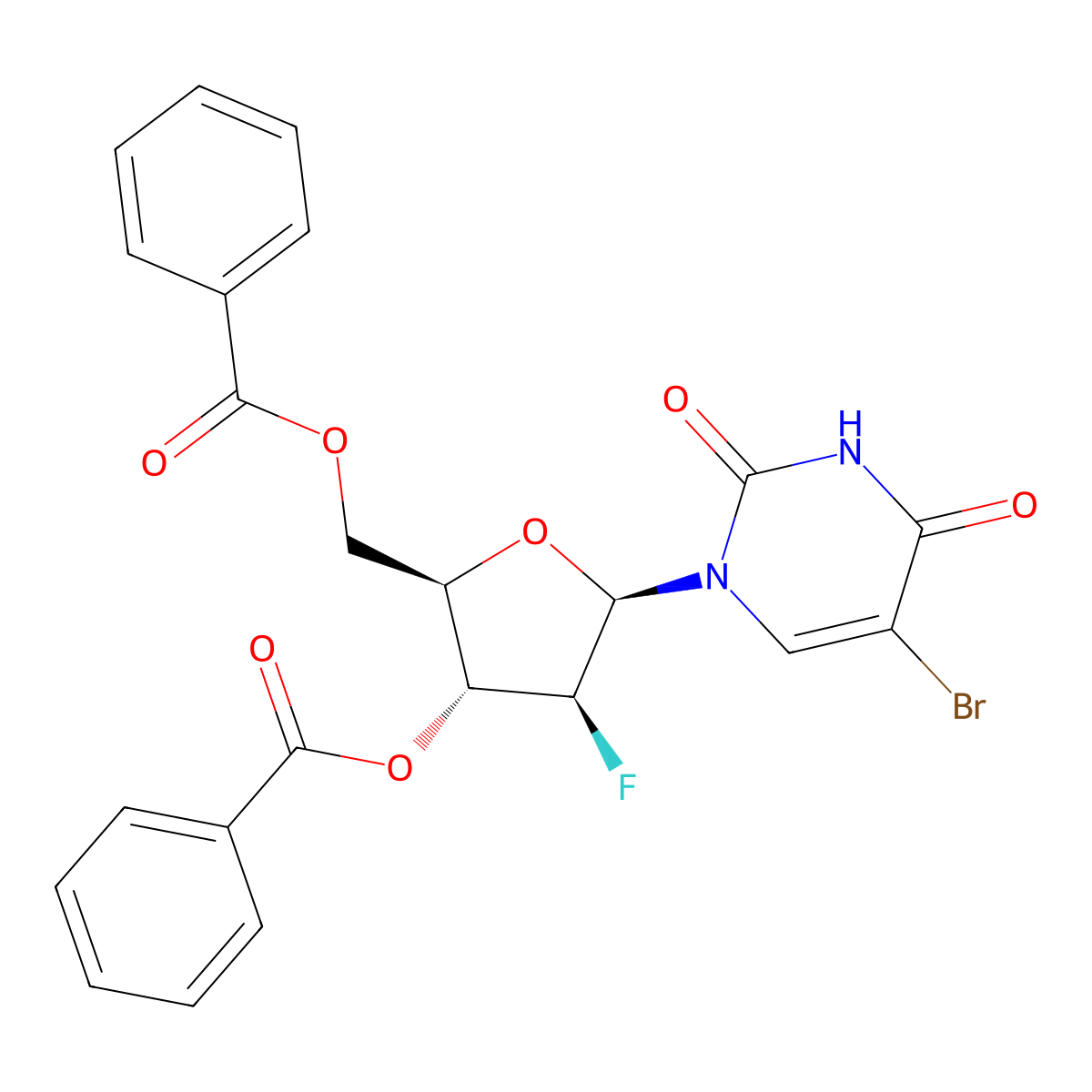 ((2R,3R,4S,5R)-3-(Benzoyloxy)-5-(5-bromo-2,4-dioxo-3,4-dihydropyrimidin-1(2H)-yl)-4-fluorotetrahydrofuran-2-yl)methyl benzoate molecular structure, CAS 213136-12-0