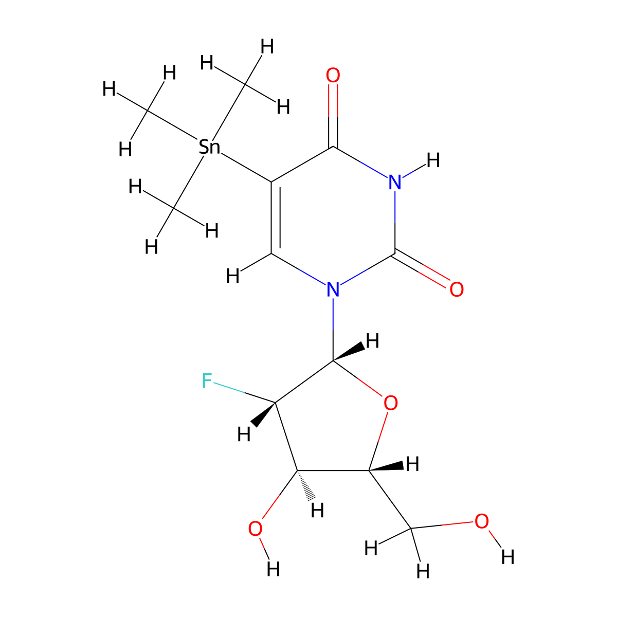 1-(2-Deoxy-2-fluoro-beta-D-arabinofuranosyl)-5-(trimethylstannyl)-2,4(1H,3H)-pyrimidinedione molecular structure, CAS 213136-14-2