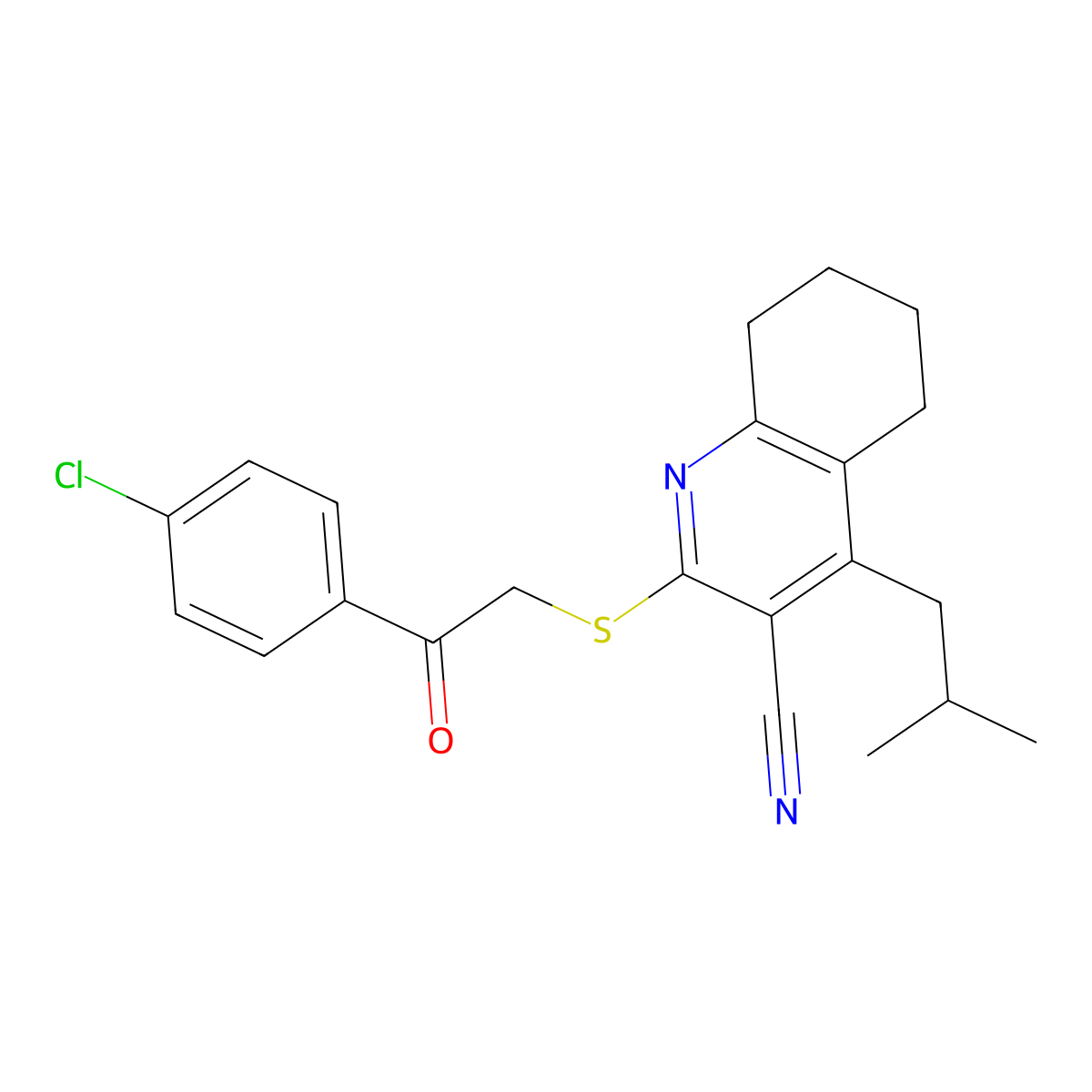2-[2-(4-Chlorophenyl)-2-oxoethyl]sulfanyl-4-(2-methylpropyl)-5,6,7,8-tetrahydroquinoline-3-carbonitrile molecular structure, CAS 213203-88-4