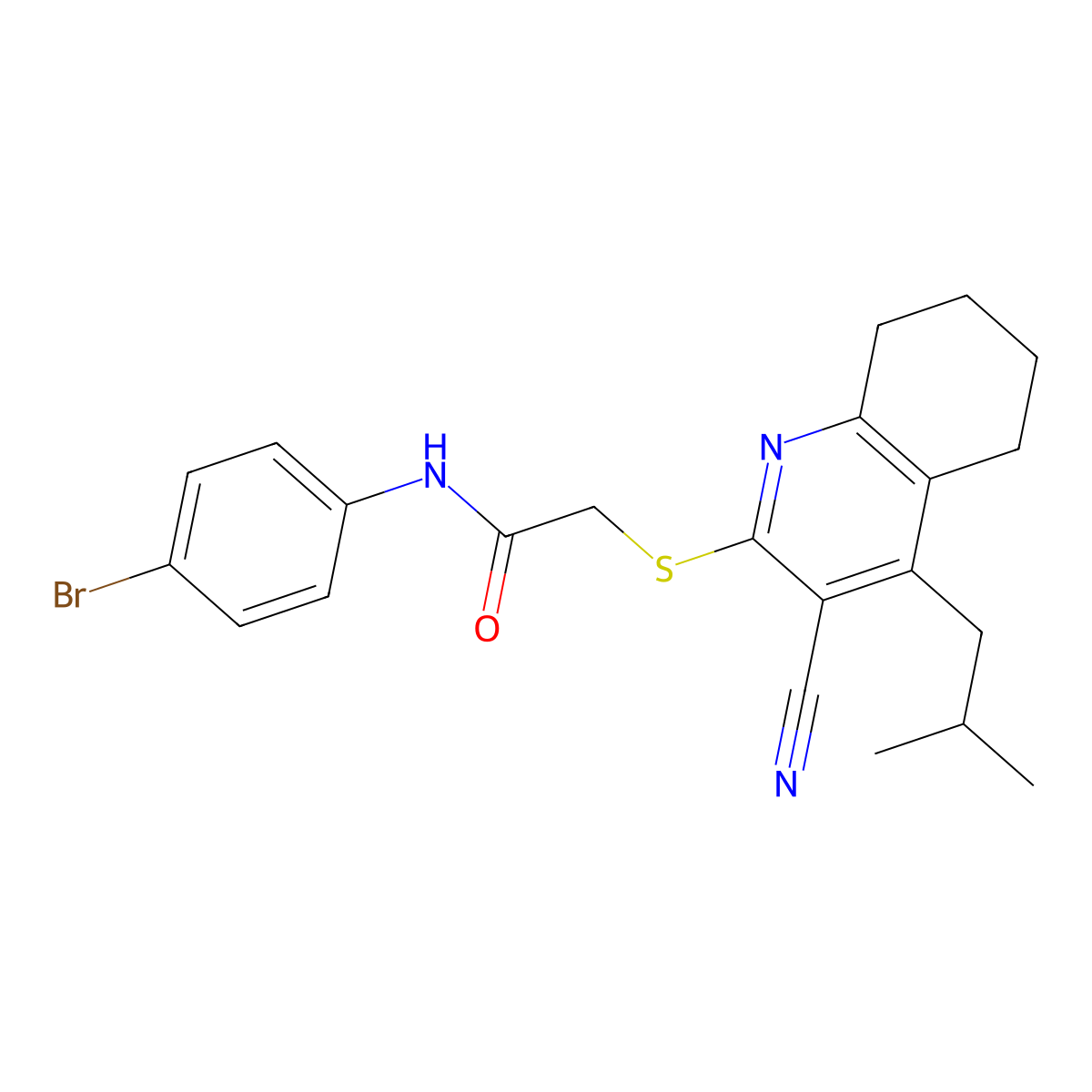 N-(4-bromophenyl)-2-[[3-cyano-4-(2-methylpropyl)-5,6,7,8-tetrahydroquinolin-2-yl]sulfanyl]acetamide molecular structure, CAS 213203-90-8