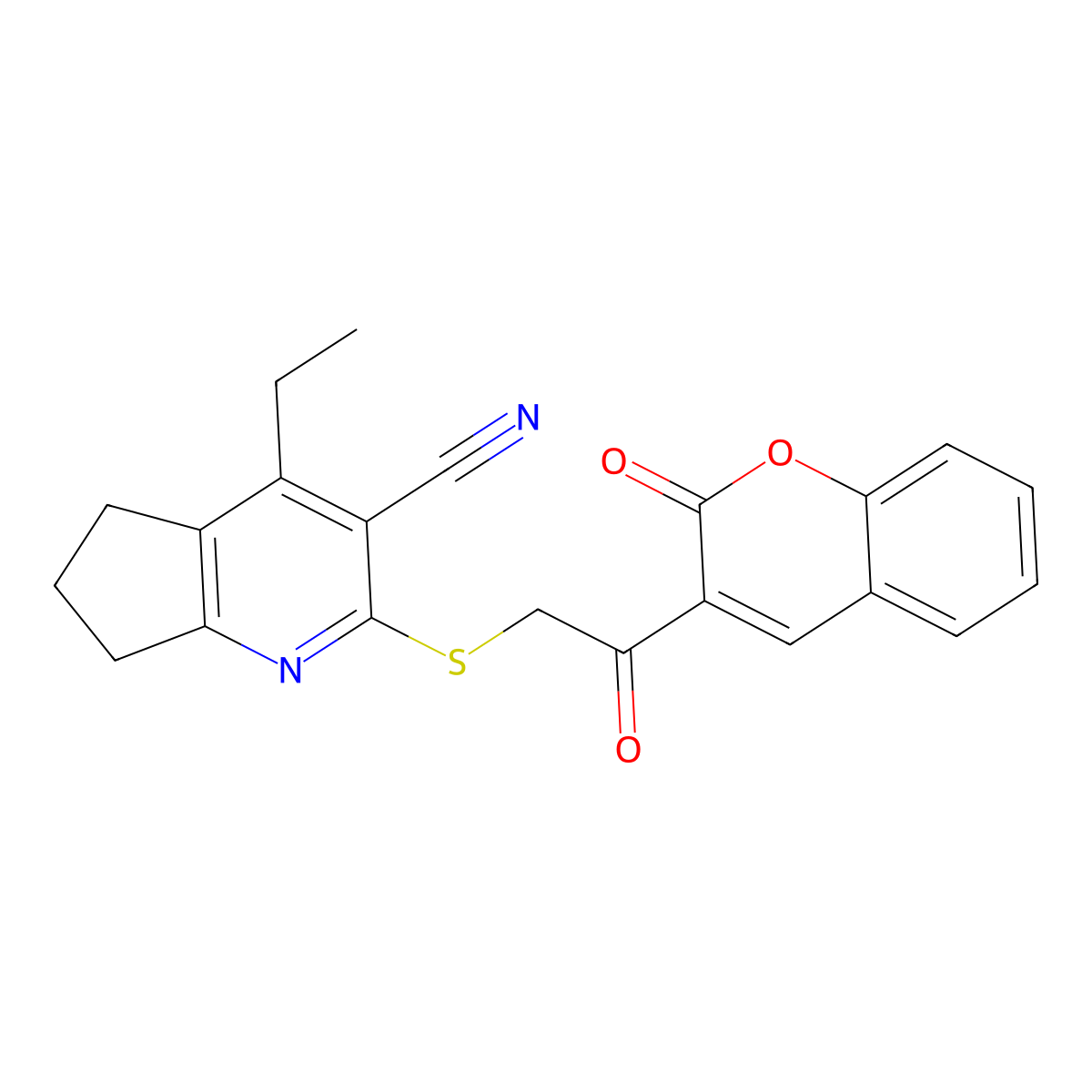 4-ethyl-2-[2-oxo-2-(2-oxochromen-3-yl)ethyl]sulfanyl-6,7-dihydro-5H-cyclopenta[b]pyridine-3-carbonitrile molecular structure, CAS 213203-95-3